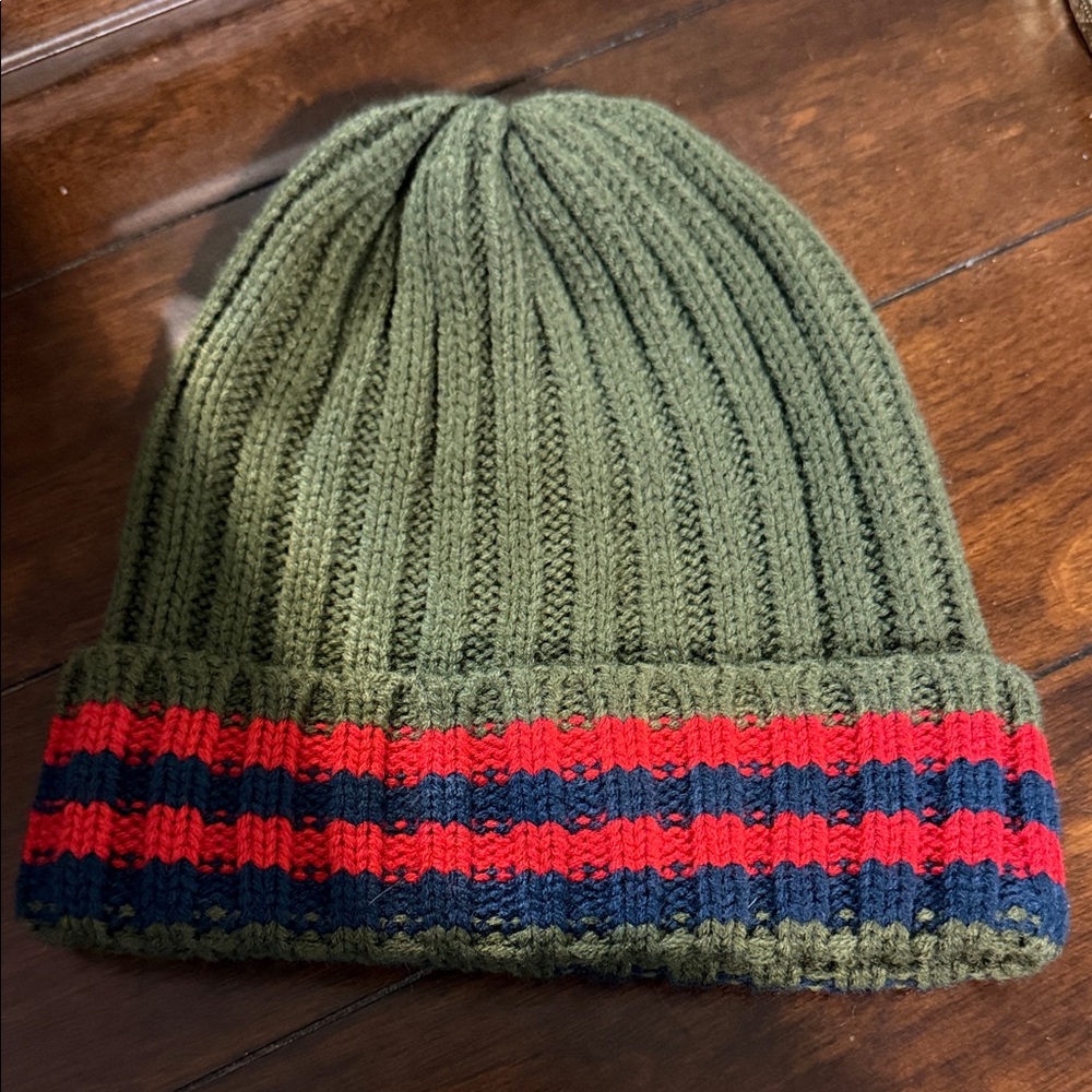 Green and Red Striped Knit Beanie